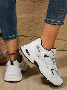 New Women Casual Sneakers, Preppy Style Chunky Sneakers, Lace-Up Round Toe Mesh & Leather Patchwork Breathable Versatile Printed Graffiti College Style Student Outdoor Hiking Leisure Commuting Shoes