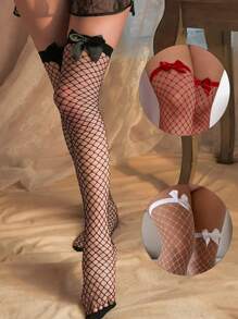1 双女士透明渔网及膝袜，带优雅蝴蝶结细节 - 防钩，薄款，黑色 JK 风格，手洗涤纶，适合休闲或正式穿着，紧身袜，渔网裤袜和长袜 - 紅色 - 查看 2