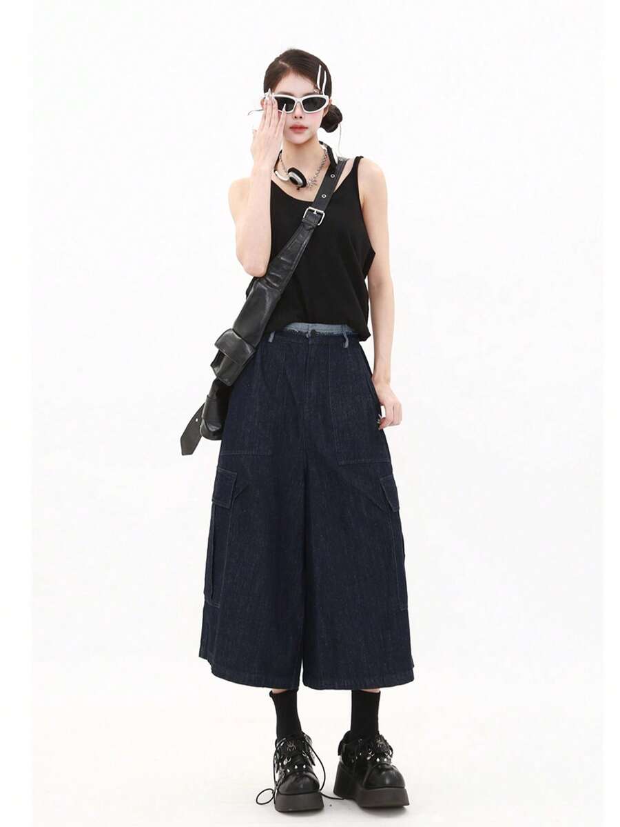 Quần jeans ống rộng dài 7/10, túi tua rua cổ điển, quần ống đứng bó ống đứng thoải mái mới cho mùa hè - Rửa tối - Xem 1