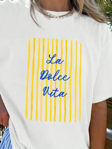 Sweet Life Slogan Pattern,Women's Casual Long Spring Summer Top,100% Cotton,Loose T-shirt Long,Streetwear,White Top - 白色3 - 查看 2