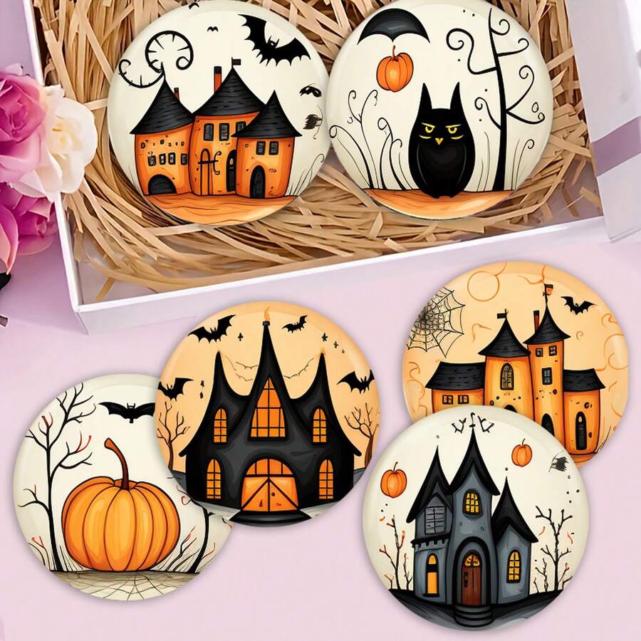 1set/4pcs/6pcs/300pcs Halloween Castle Pumpkin Pattern Diatom Mud Coasters, Coffee Coasters, Suitable For Home And Restaurant Decorations For Various Occasions, Holiday Gifts, Table Decorations, Autumn Decorations, Theme Party Decorations, Can Be Given As Gifts - Multicolor - View 1