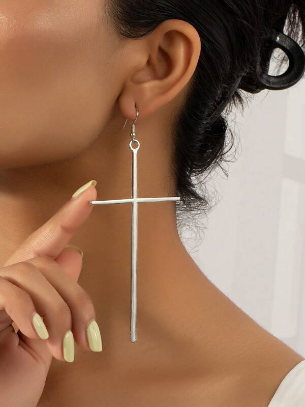 1 Pair Oversized Metal Cross Hoop Earrings, Casual Fashion Versatile Accessory