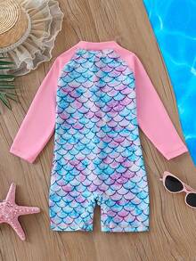 1pc Girls Mermaid Scale Print Long Sleeve Rash Guard, Quick-Dry Stretch Fabric, Zipper Closure Details, Suitable For Pool, Summer Beach Vacation And Surfing Fun - Pink - View 6