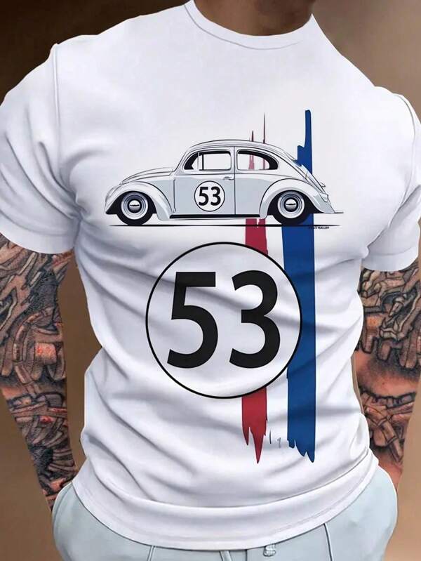 1 pieza Camiseta vintage con gráfico de coche de carreras, camiseta casual de cuello redondo para hombre, tela de punto 100% poliéster con un poco de elasticidad, ajuste regular de manga corta para ropa de calle de verano