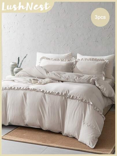 3 st beige volangpåslakanset, sängkläder i bohemisk lantlig stil, volangkant, mjukt mikrofiberpåslakan, 1 påslakan, 2 örngott, täcke ingår ej, lämplig för skolbruk