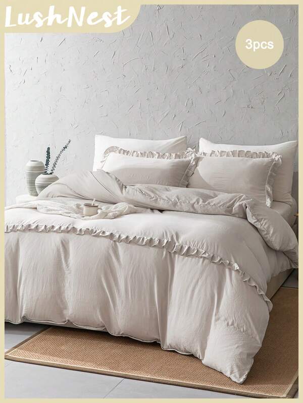 Plain Beige Ruffle Duvet Cover Set Boho Farmhouse Bedding Set 3 Pieces Ruffle Decor Beige Color Comforter Cover Soft Microfiber Duvet Cover For Boys Girls 1 Duvet Cover 2 Pillowcases No Comforter School Bedding