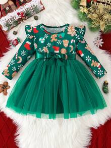 Vestido de bebé niña con volantes, estampado de muñeco de nieve y copos de nieve, patchwork de malla y cinturón para Navidad - Verde - Ver 1