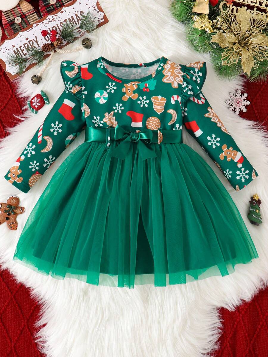 Vestido de bebé niña con volantes, estampado de muñeco de nieve y copos de nieve, patchwork de malla y cinturón para Navidad - Verde - Ver 1