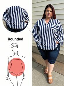 Enliva Jennifer_samantha_style Plus Size Striped Shirt With Notched Collar And Rolled-Up Sleeves, Summer, For Apple Rounded Body Shape - Multicolor - View 1