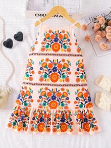 1 件女童休闲花卉和几何印花连衣裙，户外服装春夏 - 彩色 - 查看 2