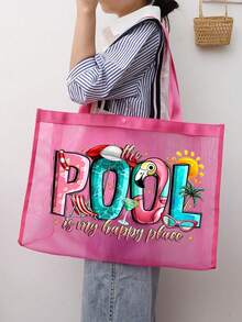 Large Capacity Mesh Tote Bag With Letter Decor For Beach Vacation Storage And Shopping For Teen Girls Women College Students,Gift For Teacher's Day,Holiday Gifts,Gift For Mom,Rainbow Pattern Design - Multicolor - View 12