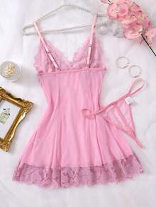 2 piezas Conjunto de ropa de dormir sexy para mujer de unicolor con encaje en contraste, vestido camiseta escotado en V y espalda descubierta, tanga, camisón cómodo