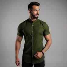 Men's Linen Priest Collar Shirt - Dark Green - View 1