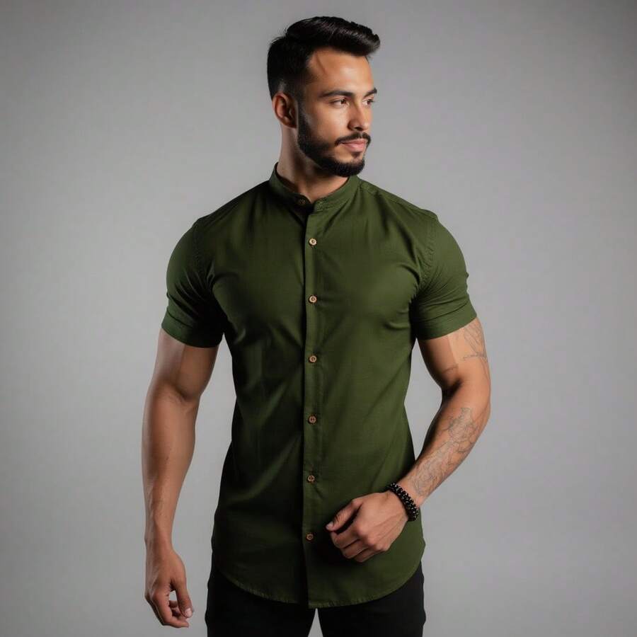 Men's Linen Priest Collar Shirt - Dark Green - View 1