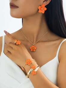 1 Pc Handmade Retro Dopamine Inspired Orange 5-Petal Flower Pendant Necklace, 1 Pair Earrings, 1 Pc Bracelet, 1 Pc Ring, 1 Pc Bangle, Women Summer Jewelry Set, Versatile Combination - Orange - View 2