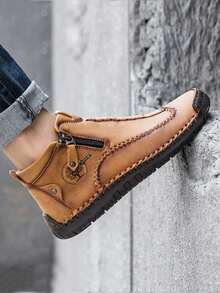 Men's Business Casual Shoes Outdoor Ankle Boots Soft Leather Comfortable Handmade Stitched Boots Flat Shoes, Autumn/Winter - Black - View 8