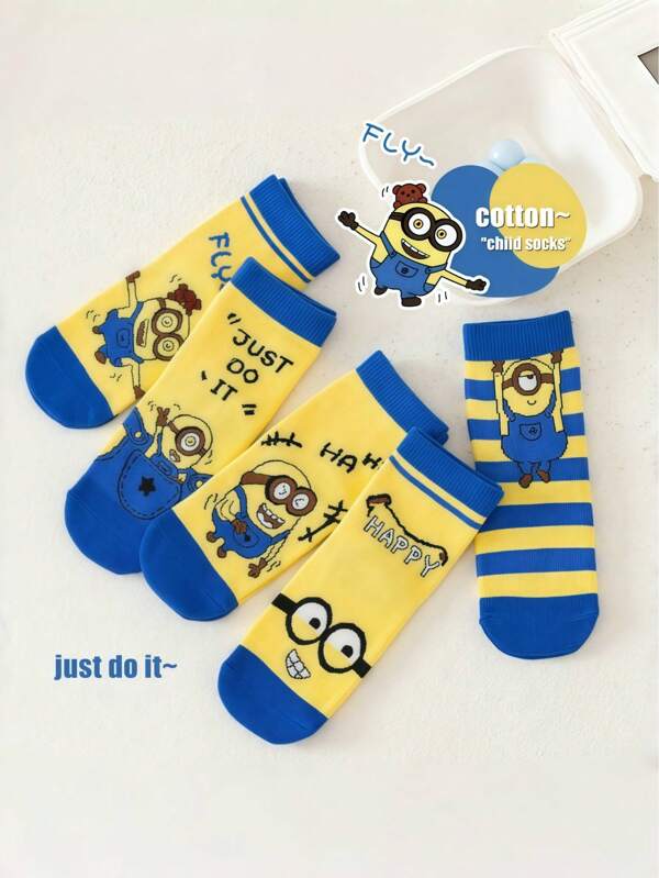 Minions 5 Pairs Of Minions Children's Mid Length Socks, Solid Color, Simple And Fashionable, Personalized And Fashionable, Skin Friendly And Breathable, Soft And Comfortable, Classic And Versatile. Suitable For Daily Life, Back To School, Back To School Season, Campus, Sports, Holiday Gifts