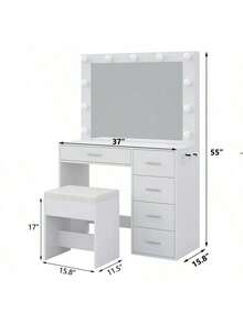 FUSOU Makeup Vanity Desk With Power Outlet, 37'' W Vanity With Mirror And 11 LED Lights, 3 Adjustable Lighting Modes, 5-Drawer Dressing Table For Bedroom Or Dressing Room - White - View 7