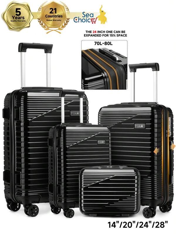 Ensemble de valises Sea Choice 3 pièces 24" extensible, coque rigide, léger, en polycarbonate, chariot à 8 roulettes. Ensemble de 4 valises 12" 20" 24" 28" avec fermeture à glissière YKK et serrure TSA. Ensemble de bagages de voyage durables.