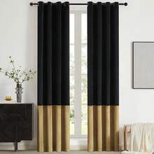 Black Gold Color Block Window Curtains Panels 84 Inches Long Farmhouse Drapes Bedroom Living Room Darkening Treatment With Grommet Set Home Decor - 黑金 - 查看 1