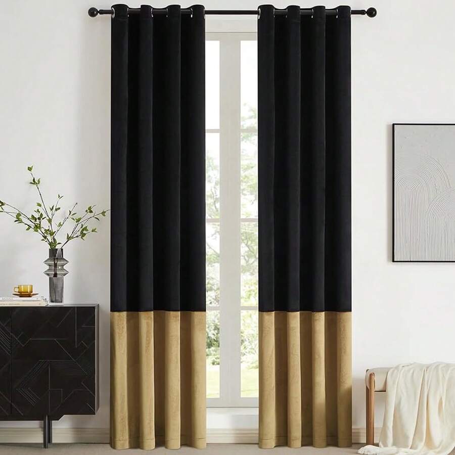 Black Gold Color Block Window Curtains Panels 84 Inches Long Farmhouse Drapes Bedroom Living Room Darkening Treatment With Grommet Set Home Decor - 黑金 - 查看 1