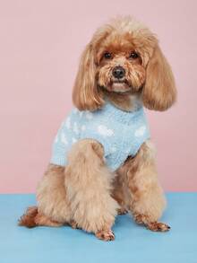 1pc Soft, Fluffy Blue, Red, Pink All-Over Heart Print Wool Sweater Vest, Warm Dog Clothing - Blue - View 5