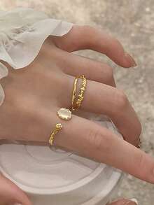 2pcs Minimalist Fashionable Elegant Daily Versatile High-End Copper Alloy Zirconia Inlaid Ring Set - Gold - View 6