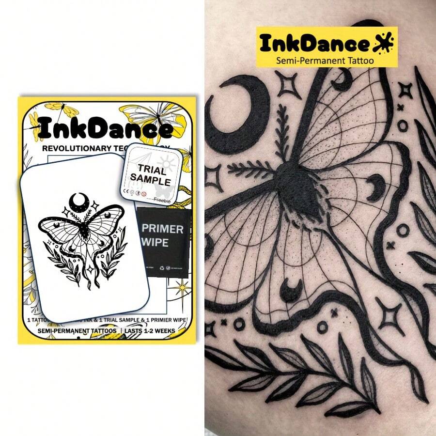 1 Set "Moon Moth" Revolutionary Technology Tattoo Stickers, Semi-Permanent Tattoo, Temporary Tattoo, Men's Tattoo, Long-Lasting, Waterproof, Realistic Tattoo Effect, Plant-Based, X086 - Black - View 1