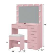 FUSOU Makeup Vanity Desk With Power Outlet, 37'' W Vanity With Mirror And 11 LED Lights, 3 Adjustable Lighting Modes, 5-Drawer Dressing Table For Bedroom Or Dressing Room - Pink - View 7
