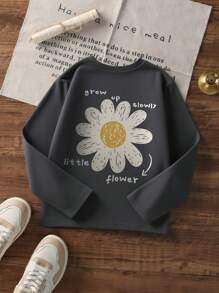 1 件女童休闲印花圆领长袖 T 恤，秋季学生年轻服装 - 深灰色 - 查看 2