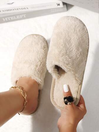 Women's Fashionable Autumn Brown Fluffy Faux Fur Slip-On Slippers, Silent Indoor Bedroom Slippers, Comfortable Warm House Slippers