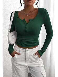 Women's 2026 Fall Long Sleeve Henley T Shirts Button Ribbed Knit Slim Fit Basic Tops Blouse Casual Outfits/Vacation Outfits Women/Valentine Outfits For Women - 墨綠色 - 查看 7