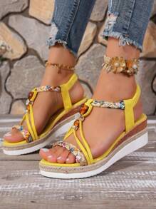 Sandales à semelle épaisse pour femmes, décorées de gros strass en perle, sandales bohèmes à bout ouvert avec semelle épaisse. Associées à 1 pièce design monobloc élastique, talon moyen, semelle épaisse confortable, talon compensé, légères, sandales romaines tressées décontracté, adaptées pour l'été