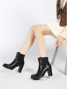 Vintage Casual Fashion Versatile Simple Thick Heel Women Ankle Boots - Black - View 3