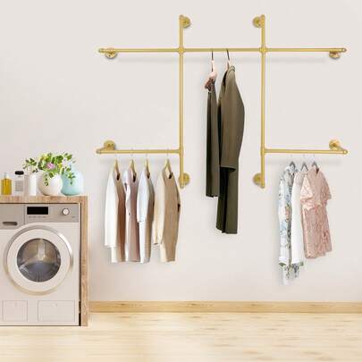 Gold Industrial Wall Mounted Clothing Rack Featuring 5 Sturdy Hanging Rods, Durable Heavy-Duty Iron Construction Perfect For Chic Storage And Stylish Organization In Closets, Retail Spaces, Or Boutique Displays, Ideal For Modern Home Decor, Fashion Retail, And Seasonal Events, Elevate Your Space With And Functional Design, Perfect For Showcasing Apparel And Accessories In Style