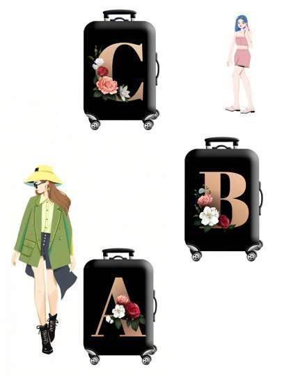 1PC S/M/L Stylish Black Luggage Cover With Golden Letter & Rose Floral Design - Durable, Washable Polyester Suitcase Protector, Perfect For Travel, Business Trips, And School Use