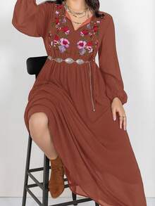 Rusttydustty Plus Size Floral Embroidery Casual Vacation Dress - Brownish Red - View 1