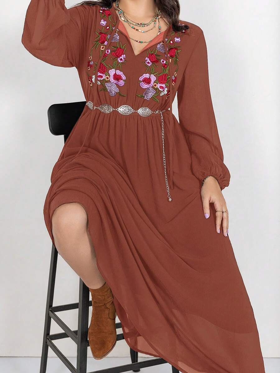 Rusttydustty Plus Size Floral Embroidery Casual Vacation Dress - Brownish Red - View 1