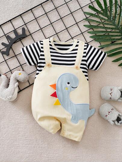 Yierying Söt dinosaurie-sparkdräkt med hängslen, kortärmad för spädbarn/småbarn, vår/sommar