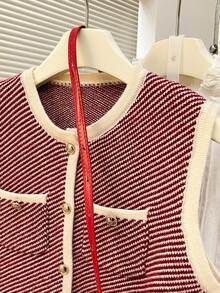 Alicedudu 女士秋冬优雅人字纹设计圆领开衫背心 - 紅白色 - 查看 2