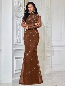 简约日常黑色热钻女士晚礼服，适合鸡尾酒会、红毯、正式场合，镶钻立领长袖修身礼服，适合婚礼、度假、春季穿着。 - 咖啡棕 - 查看 2