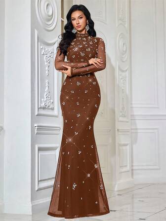 Enkla dagliga svarta heta drillklänningar för kvinnor, formell klänning för cocktailfest, röda mattan, formella evenemang, strass, ståkrage, långärmad, smal klänning