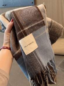 1 Khăn choàng tua rua kẻ caro giả cashmere dành cho nữ, Khăn choàng đa năng giữ ấm mùa thu/đông, Khăn choàng cổ học sinh dùng hàng ngày cho trang phục - Màu xanh lam - Xem 5