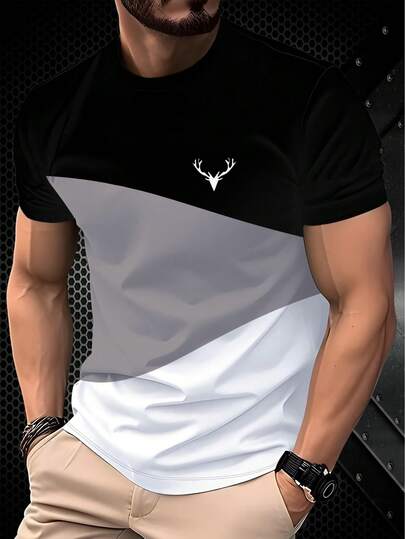 三色黑灰棕拼接短袖休闲T恤，简约鹿头印花，男士百搭