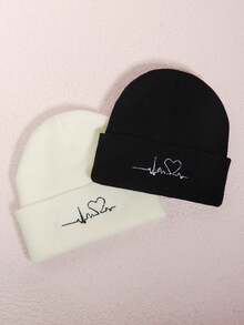 2pcs ECG Embroidered Knit Beanies, Suitable For Everyday Wear - Pink Black - View 9