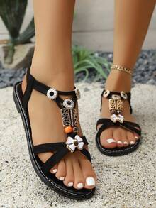 夏季新款休闲舒适波西米亚风格系带串珠百搭女士平底凉鞋