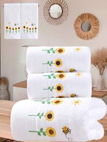 QIBHI 3/2/1件(S)纯棉毛圈刺绣浴室毛巾或面巾，家居装饰，向日葵乡村风格，适用于浴室、酒店、健身房、旅行、礼品、沙龙、运动、户外、海滩、学校、返校季、旅行配件、家居必备、毛巾、护肤品