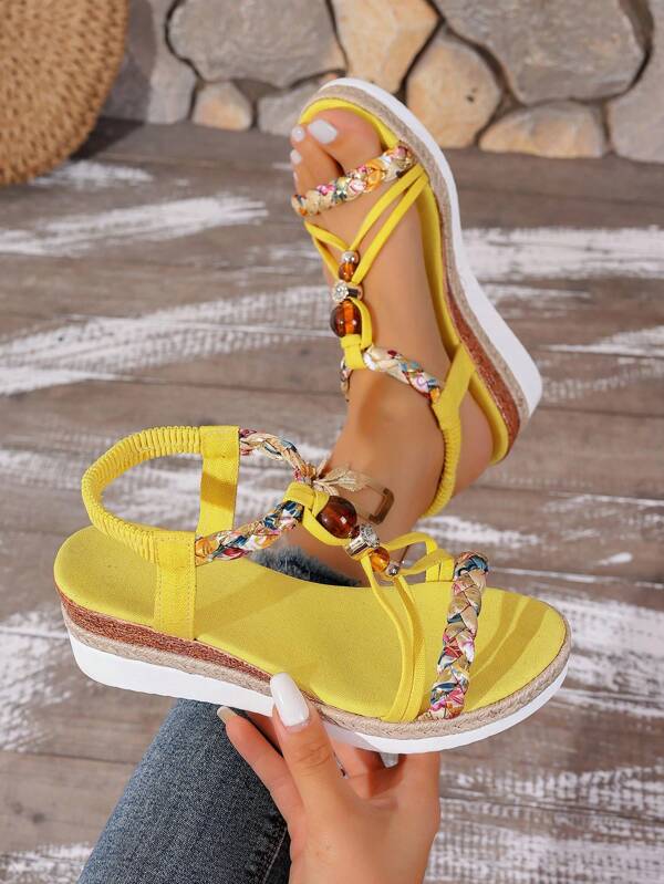 Women's Thick Sole Sandals, Decorated With Large Pearl Rhinestones, Bohemian Open Toe Thick Bottom Shoes. Paired With Elastic One-Piece Design, Mid-Heel, Comfortable Thick Sole, Wedge High Heel, Lightweight, Casual Woven Rope Roman Sandals, Suitable For Summer