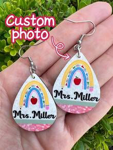 1pc Custom Personalized Teacher Earrings. Rainbow Pencil. Back To School, Teacher Appreciation, Teacher Gift - Multicolor - View 2