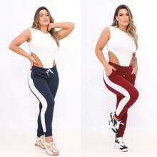 Kit Com 2 Calça de Crepe com faixa  Simples    Nó  Bolso  Cordão - Azul e marsala - Visão 1